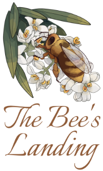 The Bee's Landing Logo. A bee on a cascade of olive flowers.